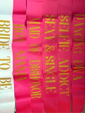 Hot Pink Bachelorette Sashes with Gold Glitter Text - Bridal Party
